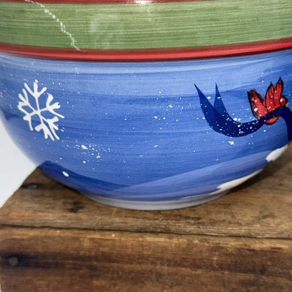 Mixing Serving Bowls Set of 2 Hand Painted‎ Christmas Tree Cardinal Stoneware